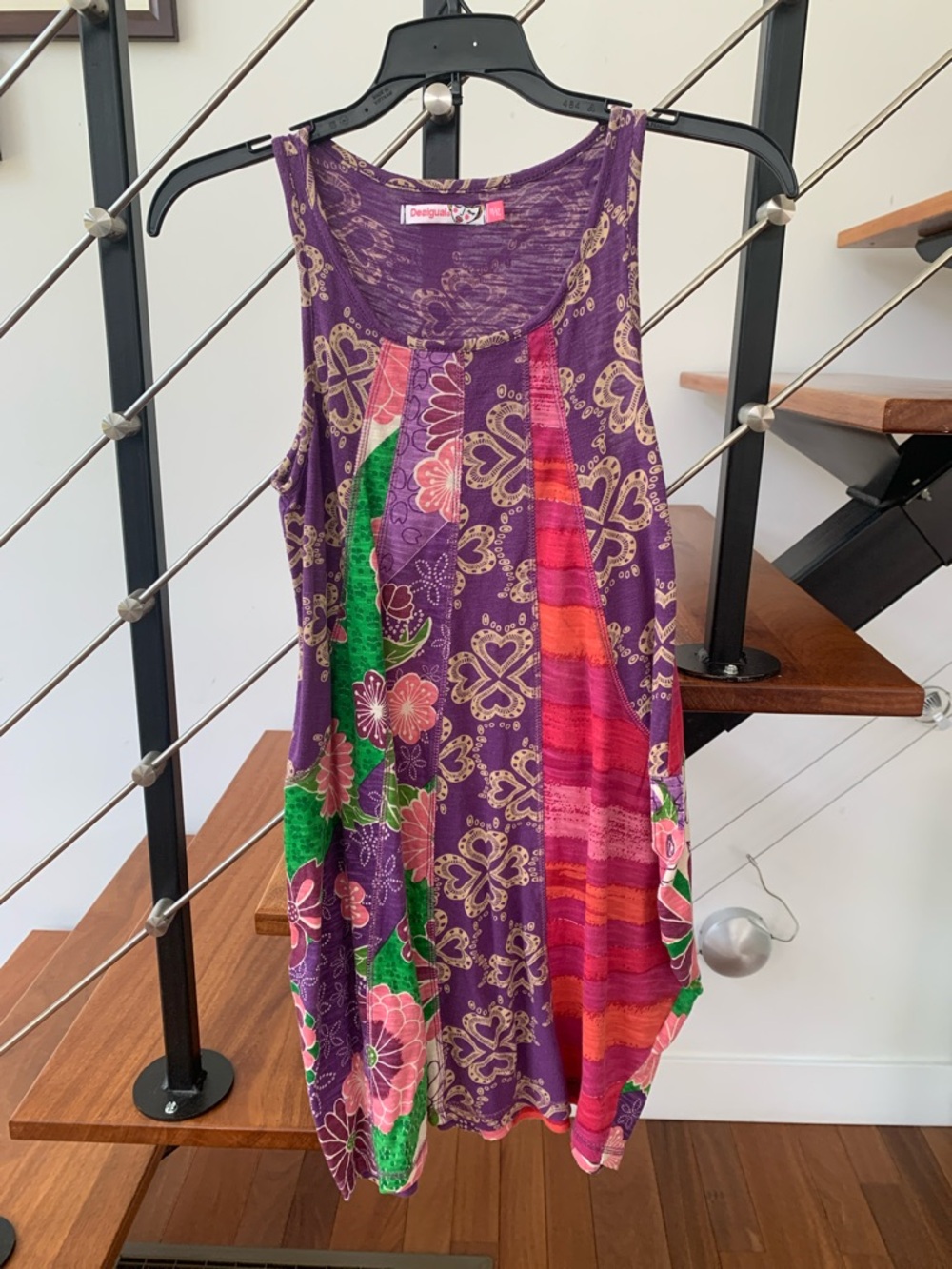Desigual Purple Floral Patchwork Sundress with Green and Pink Panels